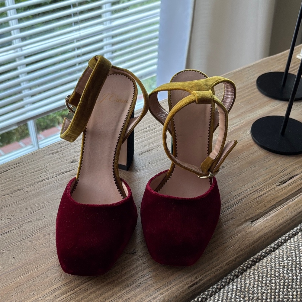 J. Crew Burgundy and Mustard Velvet Heels